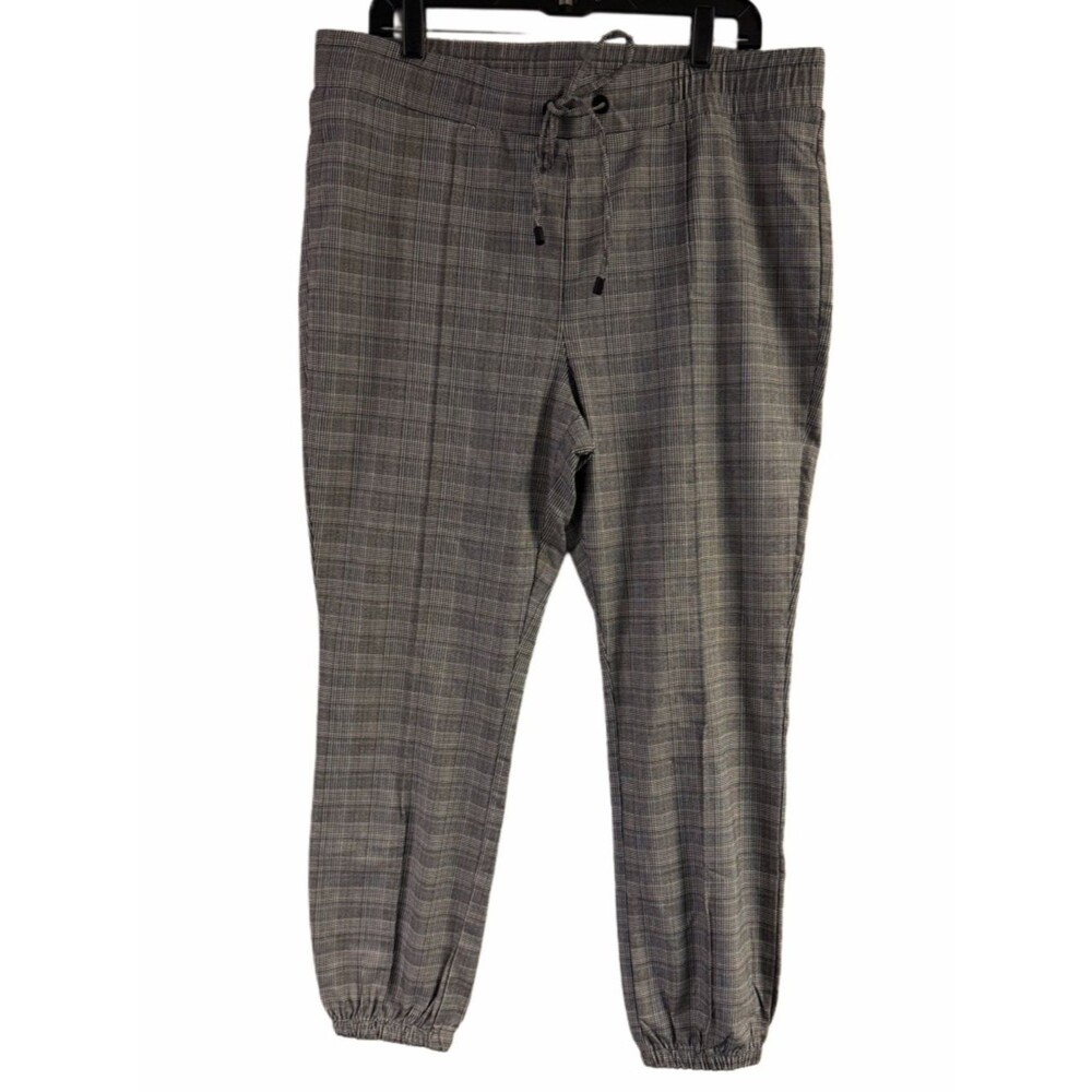 New Gray Plaid Drawstring Waist Jogger Stretchy Pants Size XL